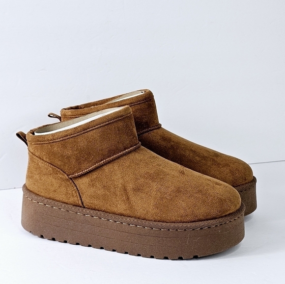 New! Chunky Platform Faux Fur Chestnut Brown Winter Ultra Low Mini Boots - Picture 1 of 11